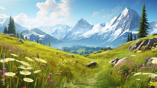 Idyllic mountain landscape in the Alps with blooming meadows in springtime with clear sky