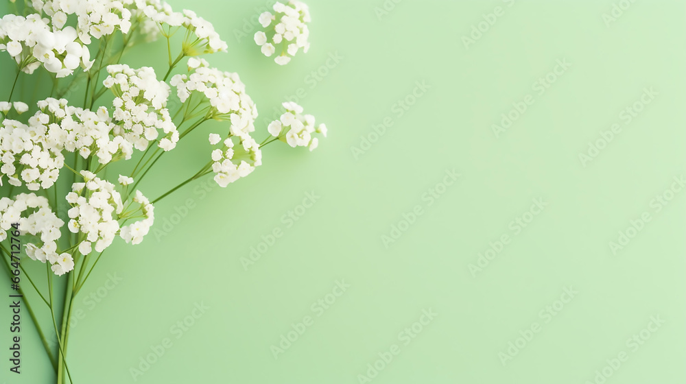 Simple background design with small white gypsophila flowers on pastel green background