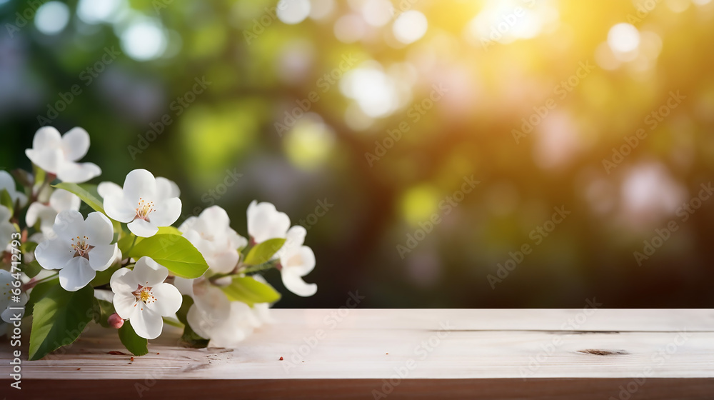 beautiful spring background with white blossoms and white wooden table and bokeh background beautiful spring background with white blossoms and white wooden table and bokeh background