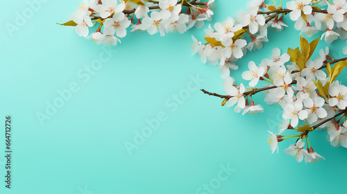 Pretty spring white cherry blossom branches on turquoise background