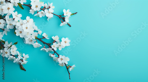 Pretty spring cherry blossom branches on turquoise background. simple design background