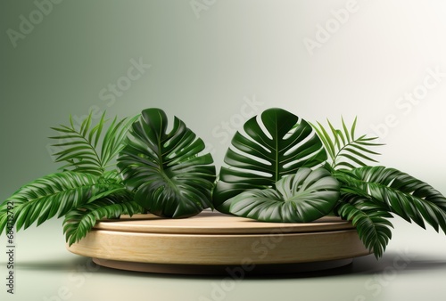 3D podium wood display white background with green monstera palm leaf