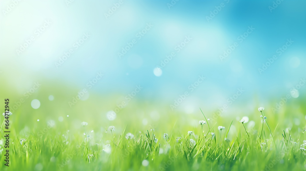 sunny spring meadow blur background blue sky to green grass