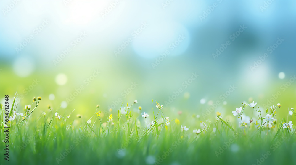 nature background with sunny spring meadow blur background blue sky to green grass - obrazy, fototapety, plakaty 