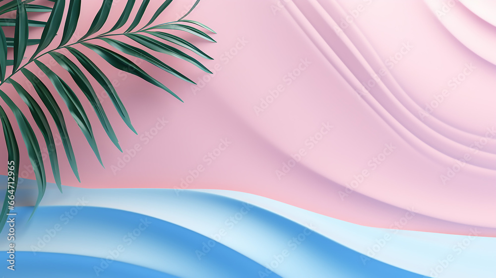 tropical palm leaf and soft blue wave on pink background