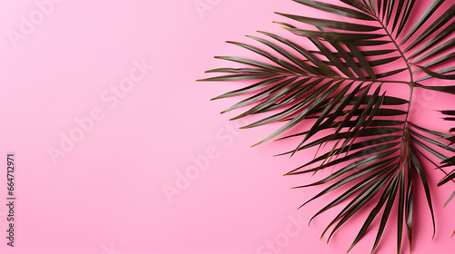 tropical palm leaf on pink background. flat lay top view