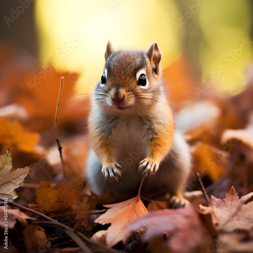 Chipmunk in the autumn forest stepping on fallen leaves