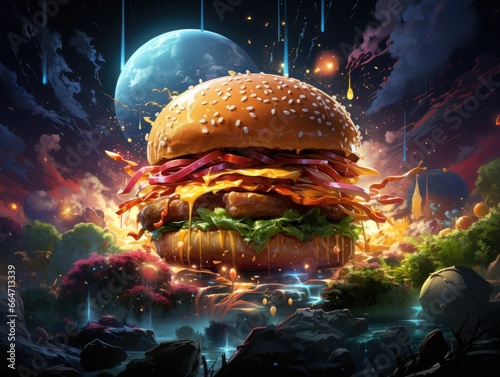 Hamburger with a full moon in the background 3D illustration