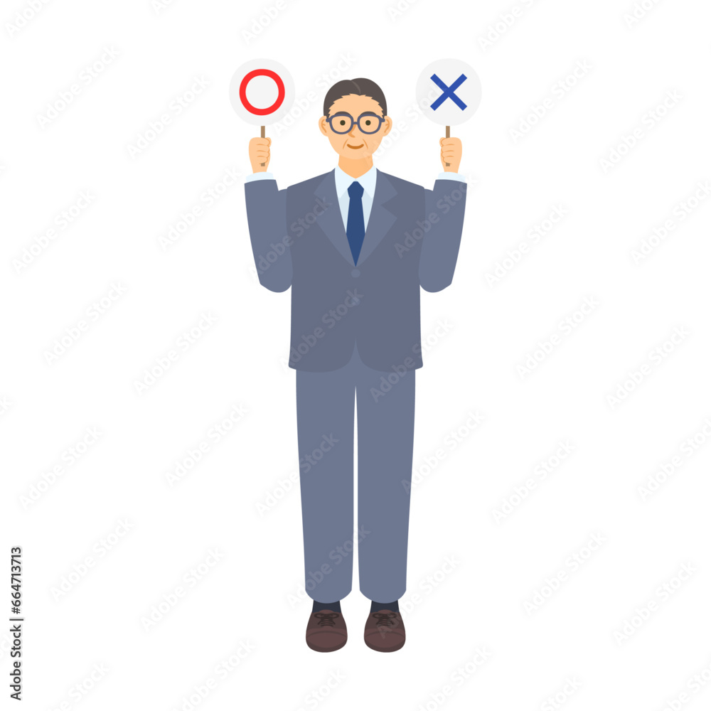 丸とバツのプラカードを持つ中年男性会社員。フラットなベクターイラスト。 A middle-aged male office worker holding a placard with a circle and a cross on it. Flat designed vector illustration. 丸とバツのプラカードを持つ中年男性会社員。フラットなベクターイラスト。 A middle-aged male office worker holding a placard with a circle and a cross on it. Flat designed vector illustration.