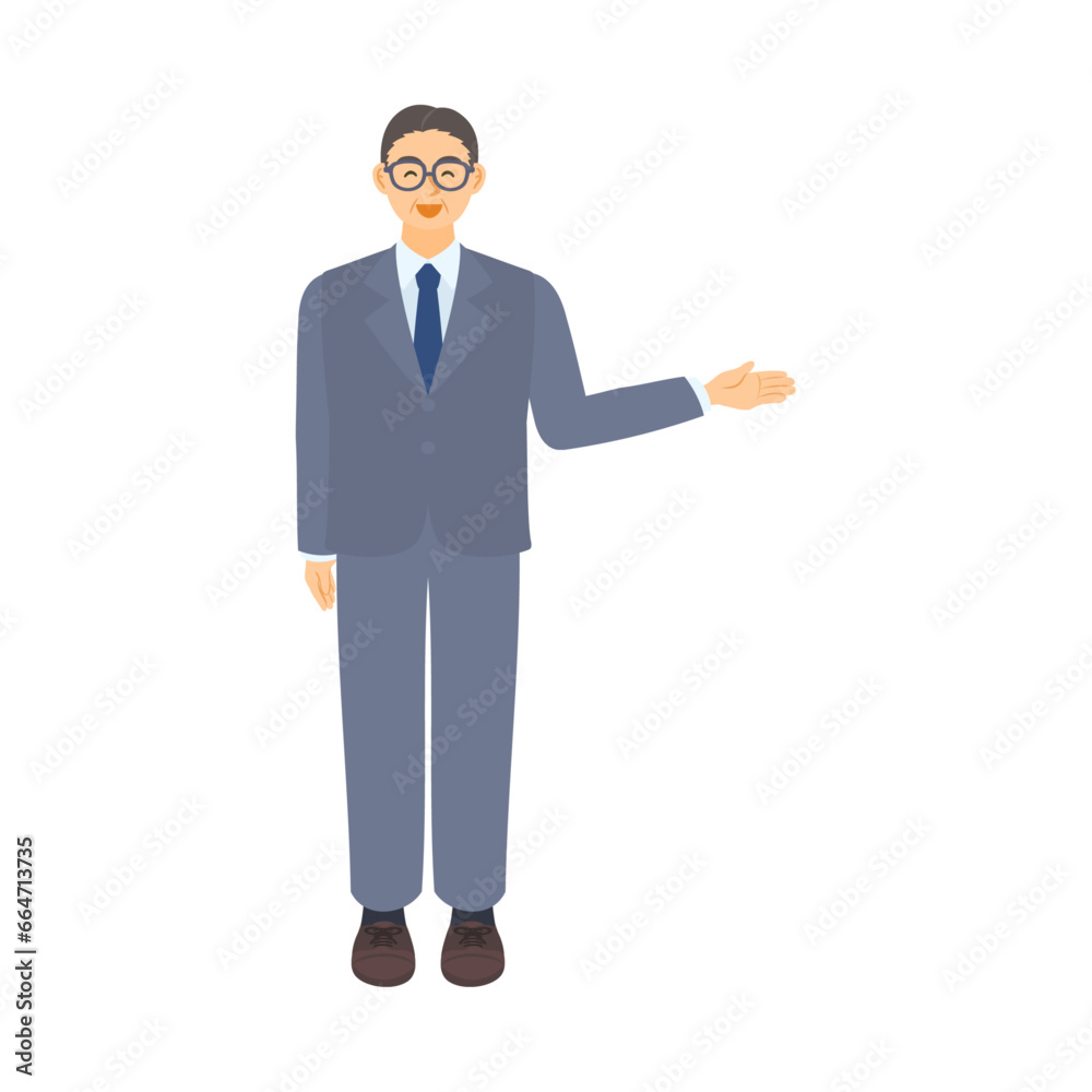 案内する中年男性会社員。フラットなベクターイラスト。 A middle-aged male office worker guiding. Flat designed vector illustration.
