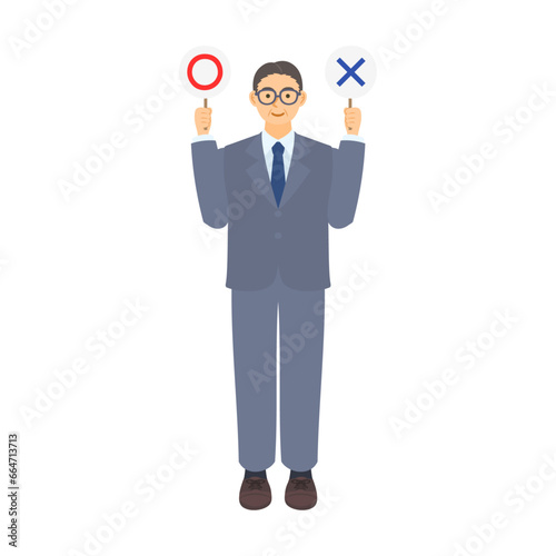 丸とバツのプラカードを持つ中年男性会社員。フラットなベクターイラスト。 A middle-aged male office worker holding a placard with a circle and a cross on it. Flat designed vector illustration. © nagamushi studio