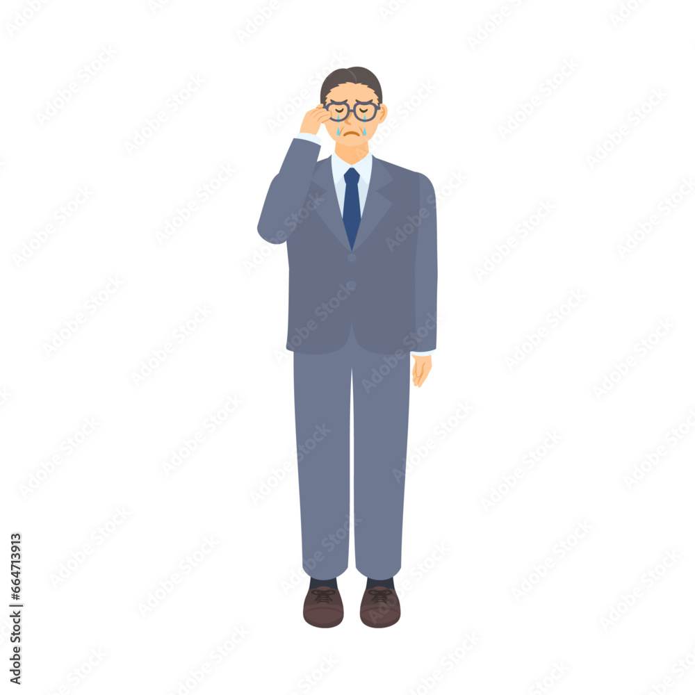 泣く中年男性会社員。フラットなベクターイラスト。A middle-aged male office worker crying. Flat designed vector illustration. 泣く中年男性会社員。フラットなベクターイラスト。A middle-aged male office worker crying. Flat designed vector illustration.