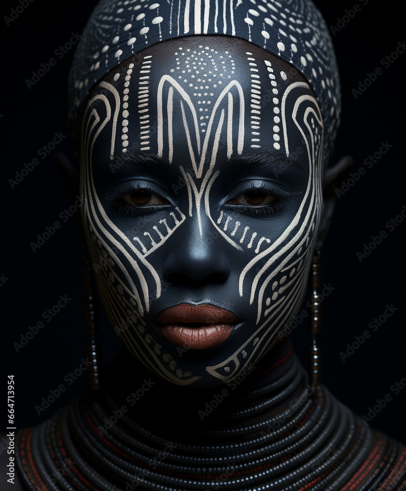 portrait of an African female wearing tribal face paint on a black background