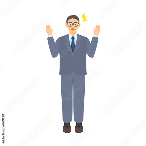 両手をあげて驚く中年男性会社員。フラットなベクターイラスト。A middle-aged male office worker raising both hands in surprise. Flat designed vector illustration.	