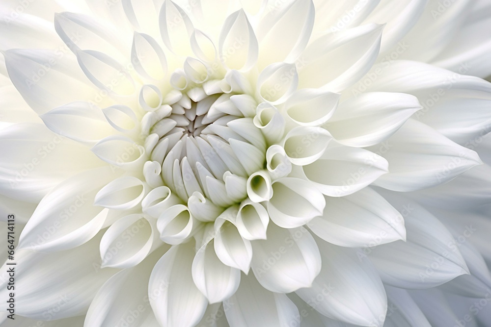 Close-up white dahlia with soft focus and empty area. Rendered digitally. Generative AI