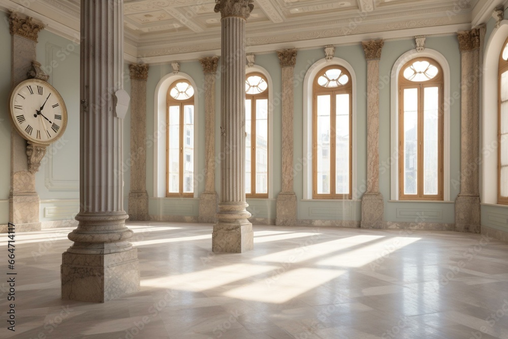 Spacious room with clock, window, columns, marble floor, and a central light. Generative AI