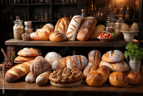 various type of breads on shelves, bakery shop concept