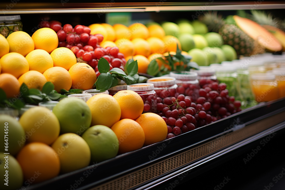rows of fruits on shelves, supermarket concept