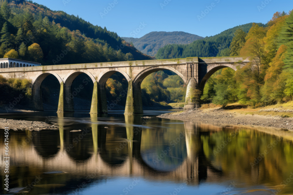 A bridge over a river in a mountainous area. The bridge is made of stone and has multiple arches, and its reflection can be seen in the calm, clear water below