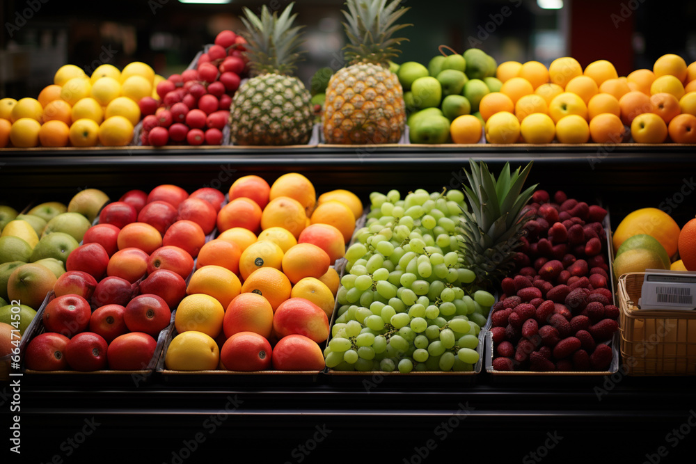 rows of fruits on shelves, supermarket concept