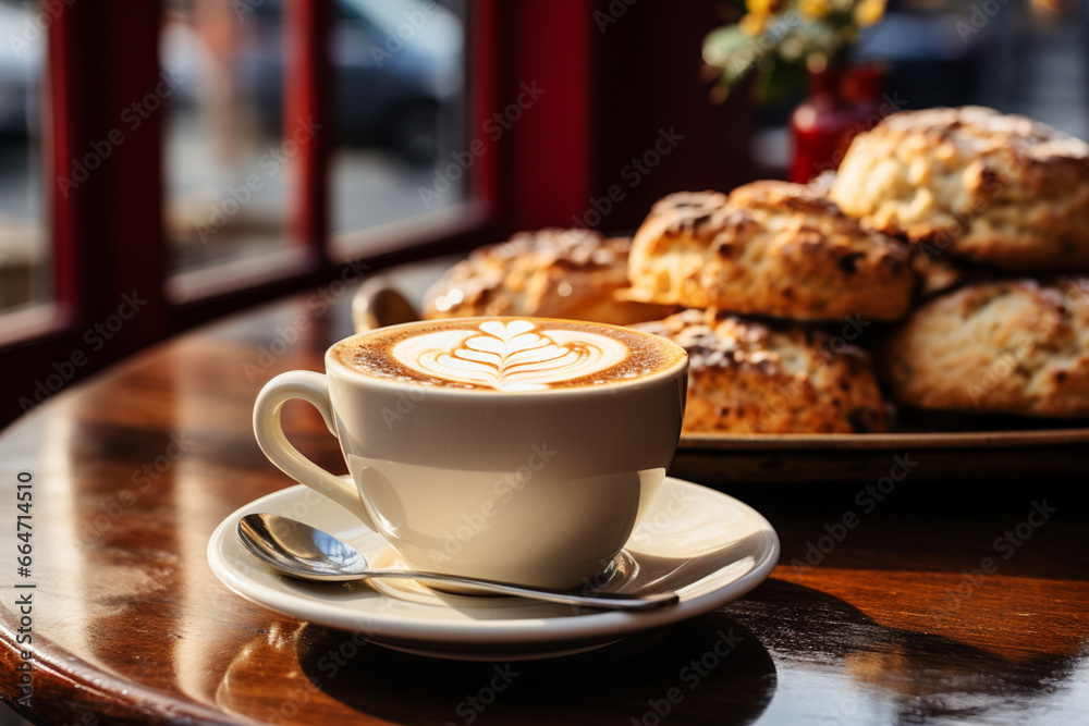 Fototapeta premium Scones served with coffee on wooden table, blurred cafe background