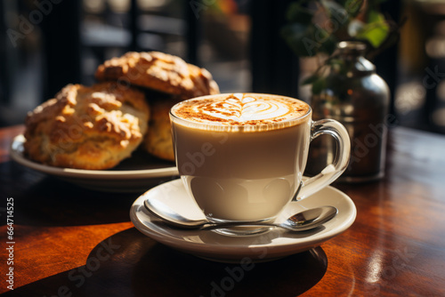 Scones served with coffee on wooden table  blurred cafe background