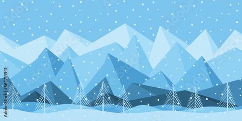 Winter landscape, snowy mountains and forest, snowfall, seamless border