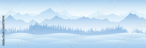 Winter landscape, cartoon nature, mountains with forest and falling snow
