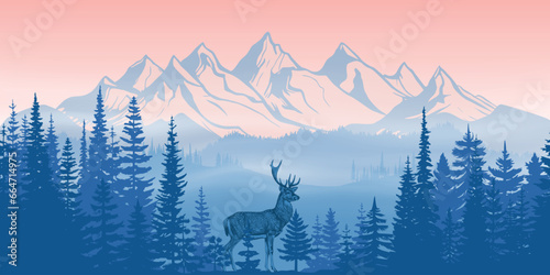 Mountain landscape, deer in the forest against the backdrop of mountain peaks, panoramic view, vector illustration
