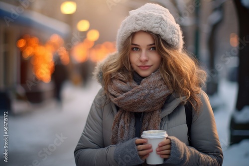 Happy young woman hold a cup of coffee in a city street. AI generative © Phichitpon