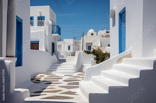 Greek Island homes or apartments entryways with sculpted white washed steps in enchanting courtyard photo