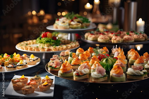 buffet food  catering food party at restaurant  mini canapes  snacks and appetizers