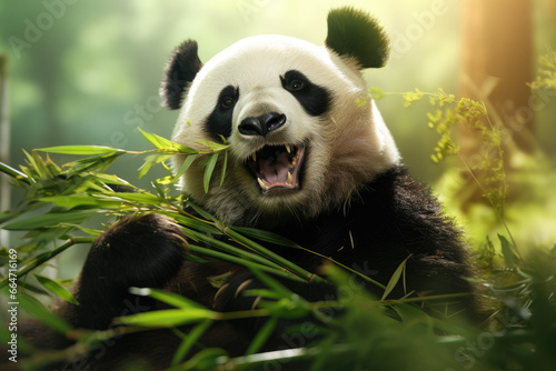 a panda eating bamboo plant  nature background