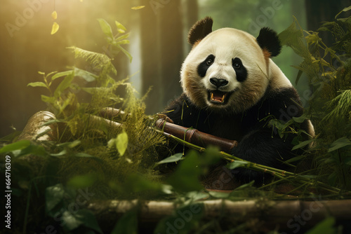 a panda eating bamboo plant, nature background © Kien