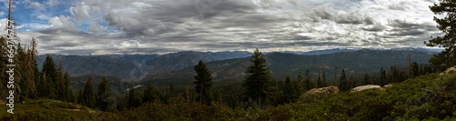 Panorama view of american landscape, hills with dead trees and cloudy sky in Kings Canyon national park, usa