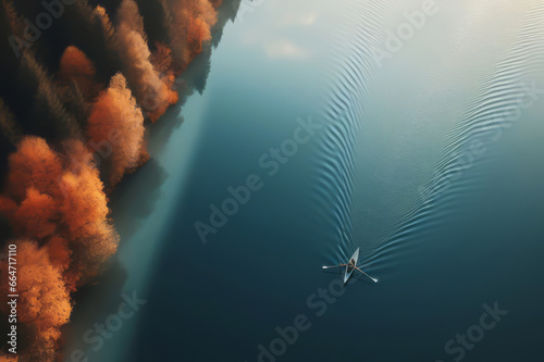 Fotótapéta Person rowing on a calm lake in autumn, aerial view only small boat visible with