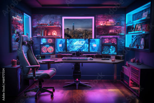 interior of gaming room setup with neon lights