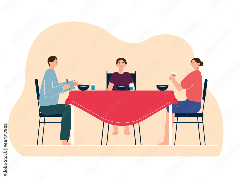 The family is eating in the dining room. Home activity vector illustration.