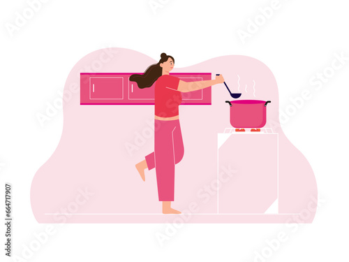 Woman is cooking in the kitchen. Home activity vector illustration.
