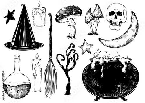 Halloween set of hand drawn vector sketch illustration