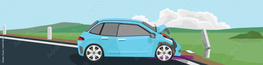 Damage mini blue car crash road boundary pole accident cannot drive. Front of carhood was open and the front grille was broken and there was an oil leak. ฺBackground of meadow and mountain under sky.