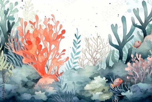 Artistic underwater scene with sea plants  corals and leaves in watercolor style. Captivating and imaginative cartoon artwork for wallpapers  cards  or backgrounds. Generative AI