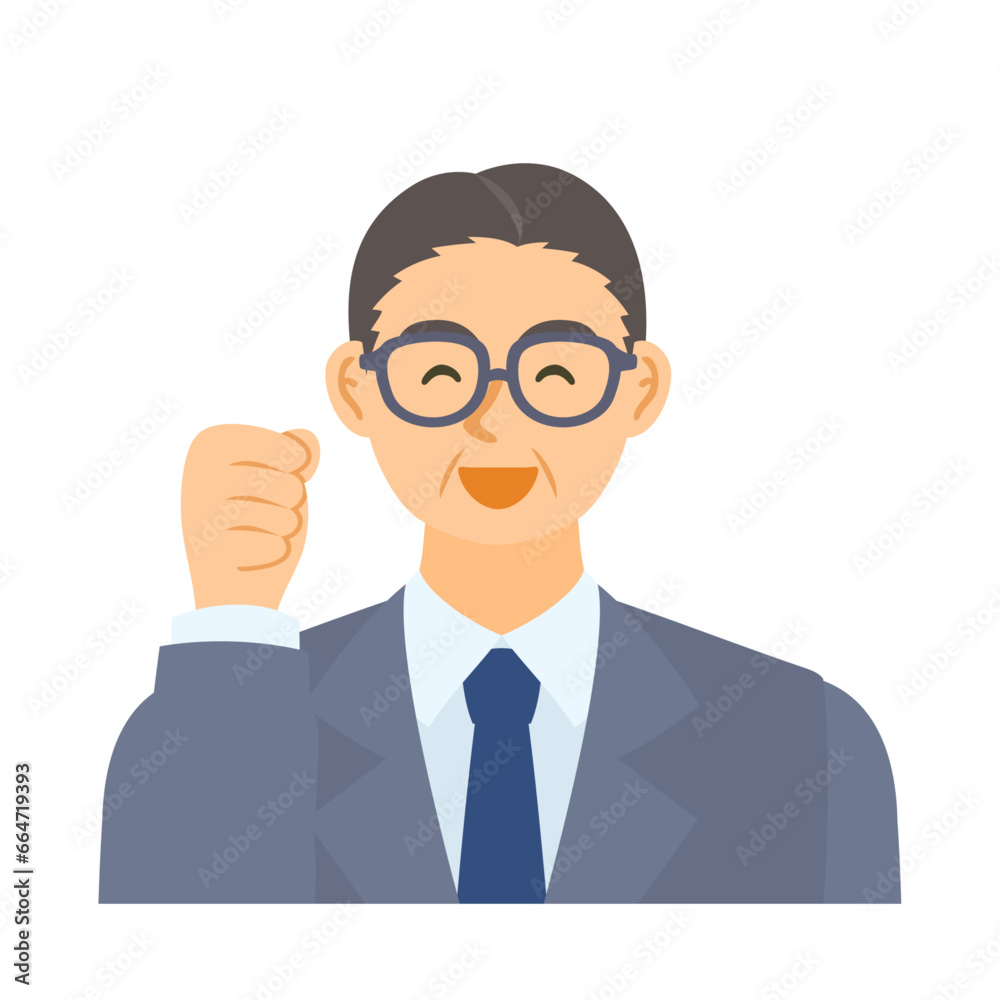 喜ぶ中年男性会社員。フラットなベクターイラスト。 A delighted middle-aged male office worker. Flat designed vector illustration.