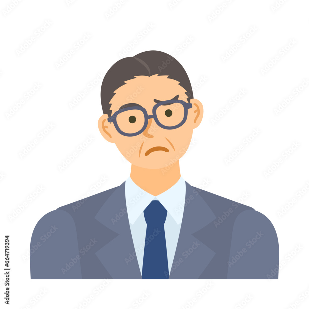 考える中年男性会社員。フラットなベクターイラスト。 A thinking middle-aged male office worker. Flat designed vector illustration.