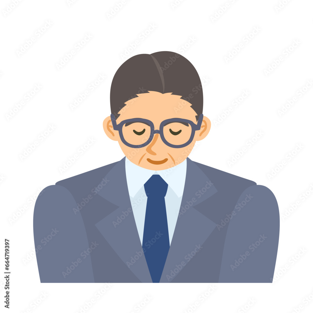 お辞儀する中年男性会社員。フラットなベクターイラスト。 A bowing middle-aged male office worker. Flat designed vector illustration. お辞儀する中年男性会社員。フラットなベクターイラスト。 A bowing middle-aged male office worker. Flat designed vector illustration.