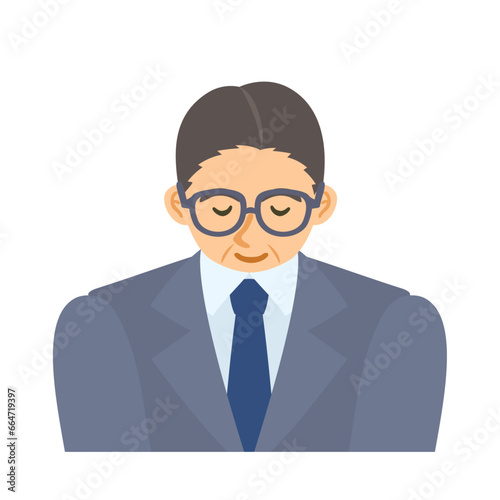 お辞儀する中年男性会社員。フラットなベクターイラスト。 A bowing middle-aged male office worker. Flat designed vector illustration.