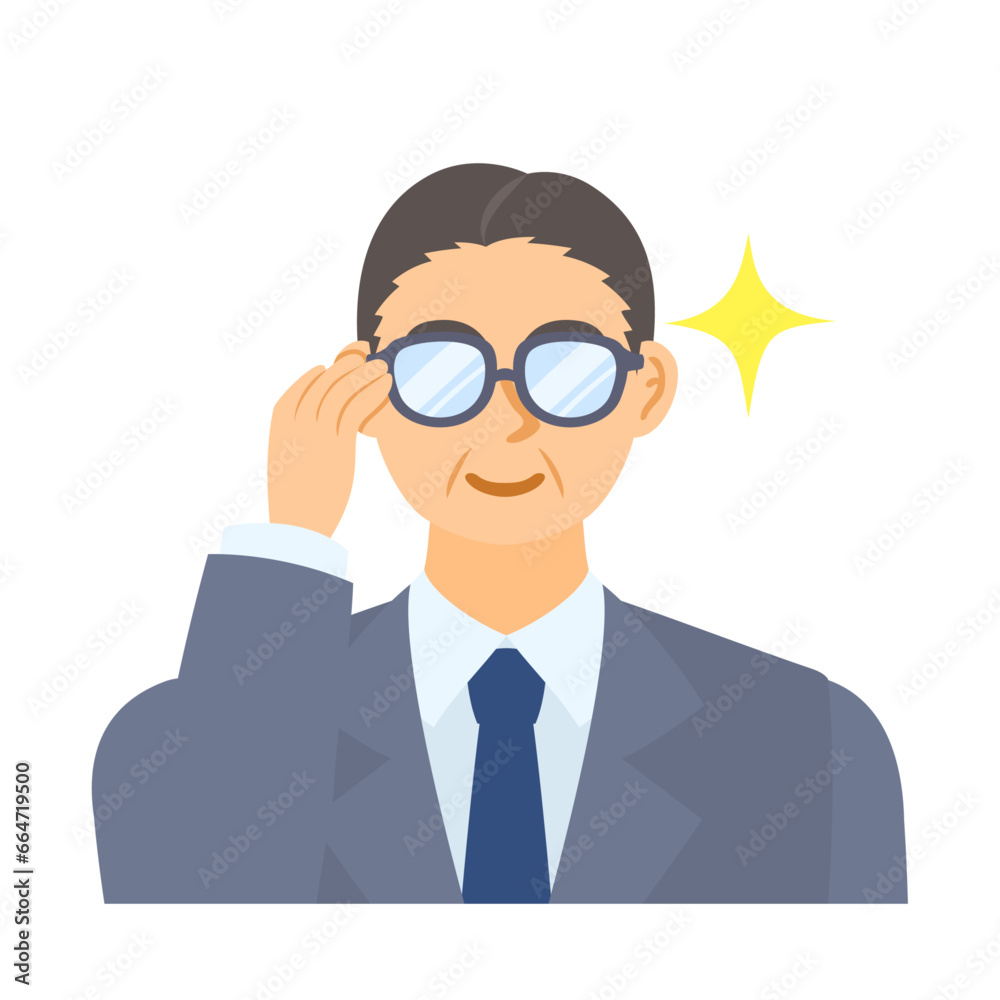 眼鏡を光らせる中年男性会社員。フラットなベクターイラスト。A middle-aged male office worker with shining glasses. Flat designed vector illustration. 眼鏡を光らせる中年男性会社員。フラットなベクターイラスト。A middle-aged male office worker with shining glasses. Flat designed vector illustration.