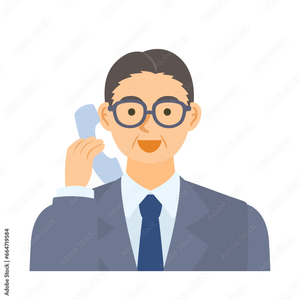 受話器で電話する中年男性会社員。フラットなベクターイラスト。 A middle-aged male office worker talking on the receiver of a telephone. Flat designed vector illustration. 受話器で電話する中年男性会社員。フラットなベクターイラスト。 A middle-aged male office worker talking on the receiver of a telephone. Flat designed vector illustration.