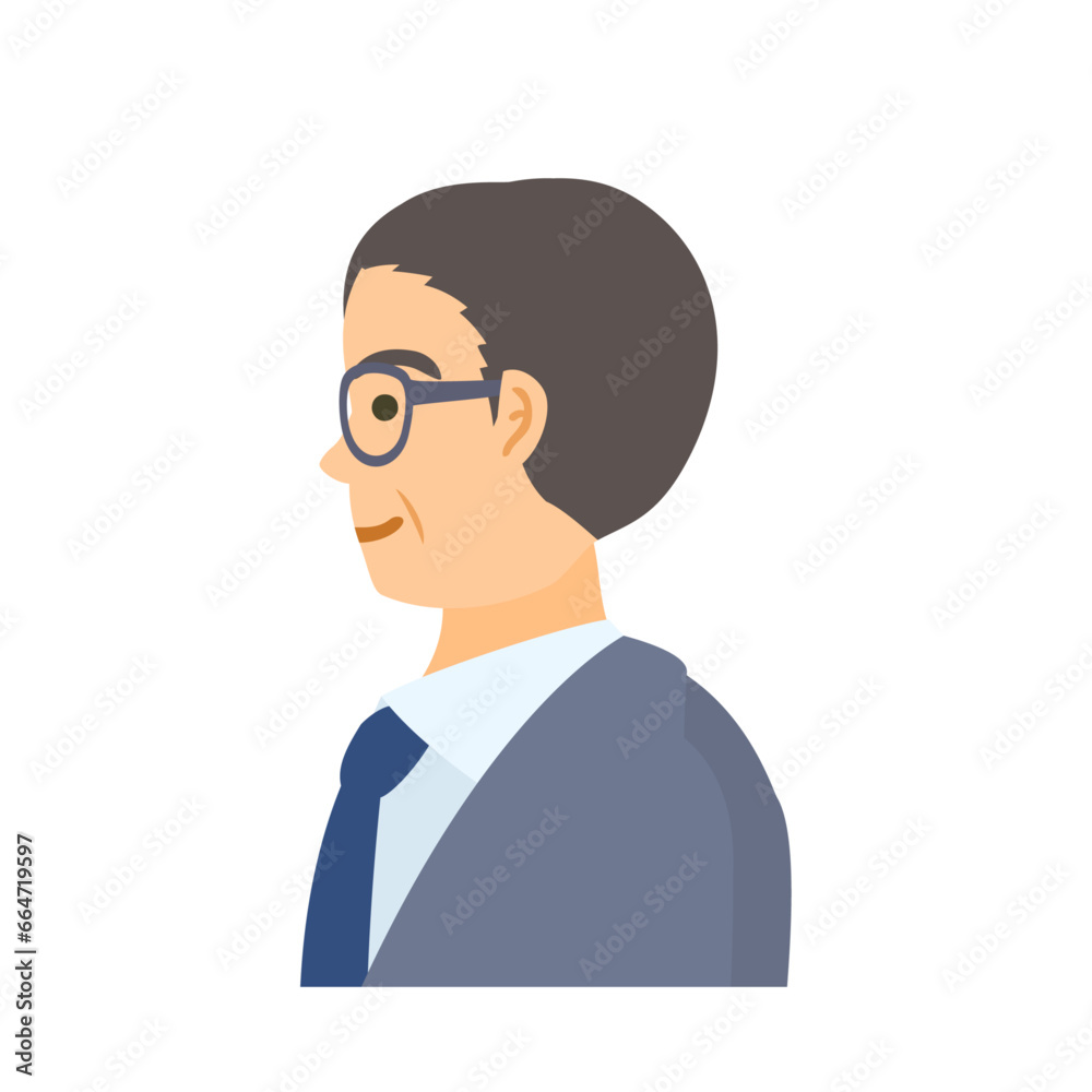 中年男性会社員の横顔。フラットなベクターイラスト。 A middle-aged male office worker's profile view. Flat designed vector illustration.