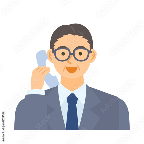 受話器で電話する中年男性会社員。フラットなベクターイラスト。 A middle-aged male office worker talking on the receiver of a telephone. Flat designed vector illustration.